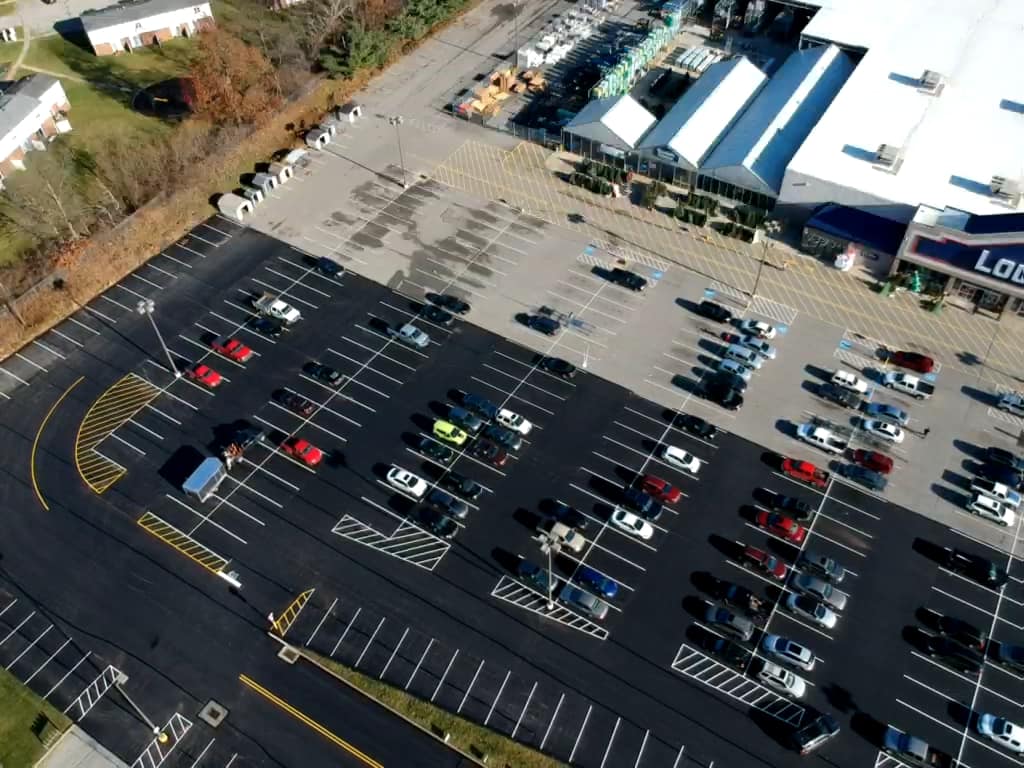 Parking lot paving job, aerial view of a Lowe's parking lot done by Cincinnati Asphalt contractor