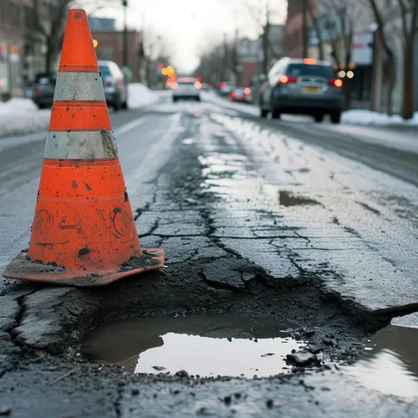 traffic cone next to a pothole in the asphalt on a snowy day