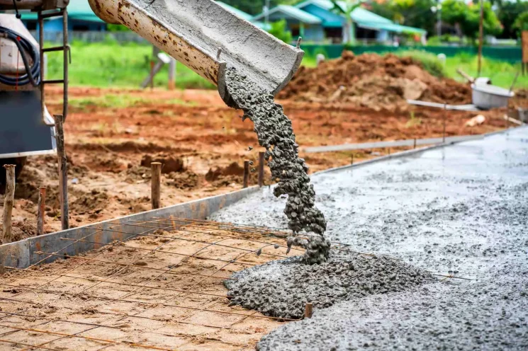 concrete pouring from spout of a concrete truck